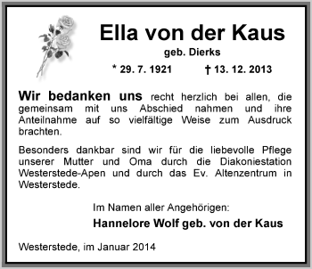 Traueranzeige von Ella von der Kaus von Nordwest-Zeitung