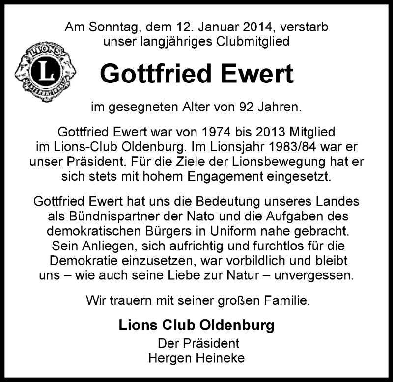  Traueranzeige für Gottfried Ewert vom 17.01.2014 aus Nordwest-Zeitung