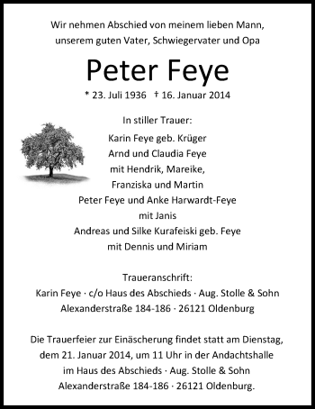 Traueranzeige von Peter Feye von Nordwest-Zeitung
