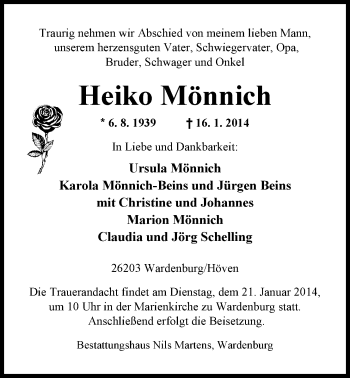 Traueranzeige von Heiko Mönnich von Nordwest-Zeitung