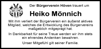 Traueranzeige von Heiko Mönnich von Nordwest-Zeitung