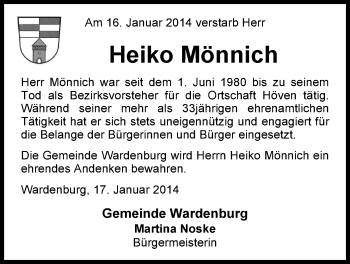 Traueranzeige von Heiko Mönnich von Nordwest-Zeitung