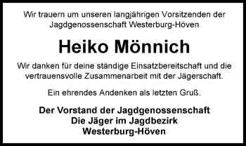Traueranzeige von Heiko Mönnich von Nordwest-Zeitung