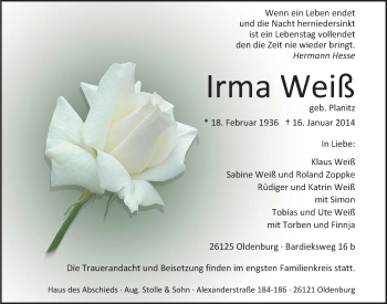 Traueranzeige von Irma Weiß von Nordwest-Zeitung