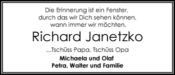 Traueranzeige von Richard Janetzko von Nordwest-Zeitung