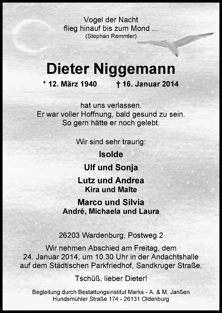  Traueranzeige für Dieter Niggemann vom 21.01.2014 aus Nordwest-Zeitung