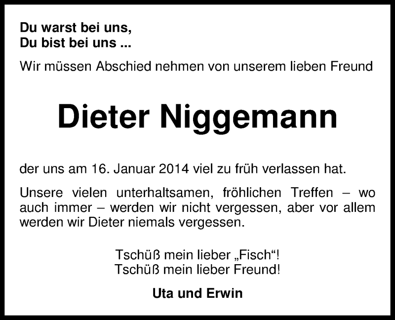  Traueranzeige für Dieter Niggemann vom 21.01.2014 aus Nordwest-Zeitung