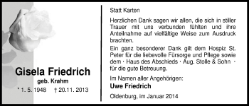 Traueranzeige von Gisela Friedrich von Nordwest-Zeitung