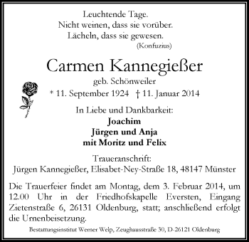 Traueranzeige von Carmen Kannegießer von Nordwest-Zeitung