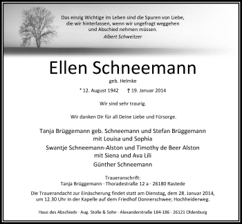 Traueranzeige von Ellen Schneemann von Nordwest-Zeitung