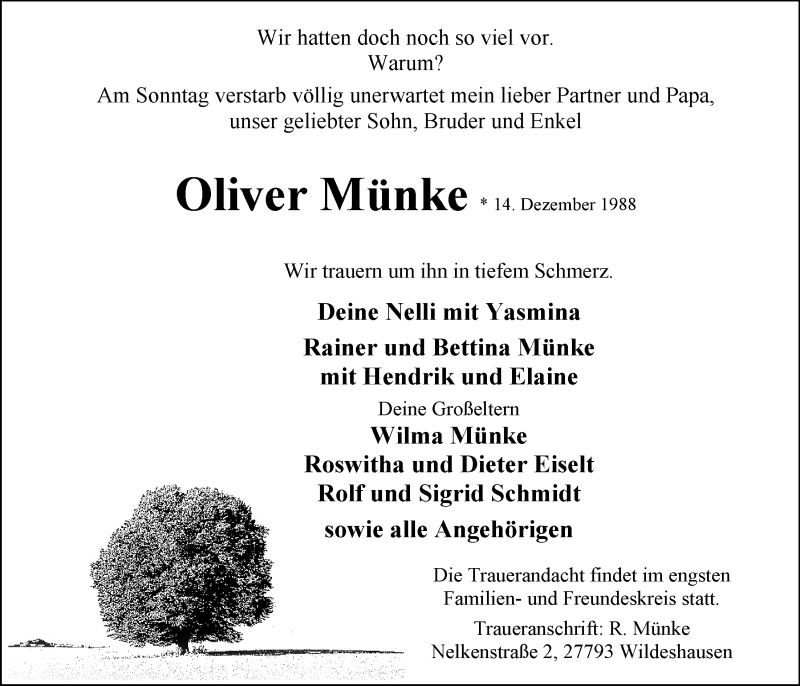  Traueranzeige für Oliver Münke vom 22.01.2014 aus Nordwest-Zeitung