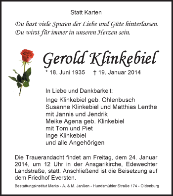 Traueranzeige von Gerold Klinkebiel von Nordwest-Zeitung