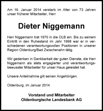 Traueranzeige von Dieter Niggemann von Nordwest-Zeitung