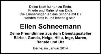 Traueranzeige von Ellen Schneemann von Nordwest-Zeitung