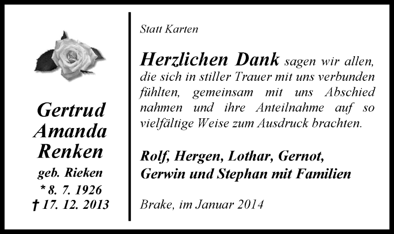  Traueranzeige für Gertrud Amanda Renken vom 25.01.2014 aus Nordwest-Zeitung