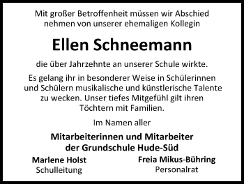 Traueranzeige von Ellen Schneemann von Nordwest-Zeitung