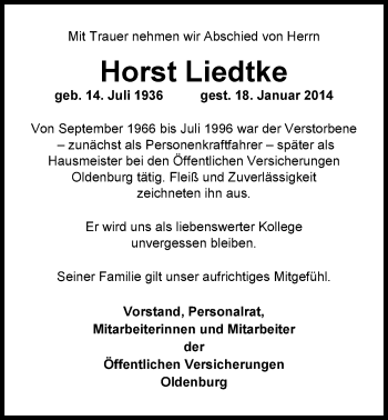 Traueranzeige von Horst Liedtke von Nordwest-Zeitung