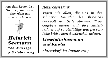 Traueranzeige von Heinrich Seemann von Nordwest-Zeitung
