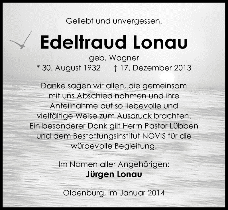  Traueranzeige für Edeltraud Lonau vom 25.01.2014 aus Nordwest-Zeitung