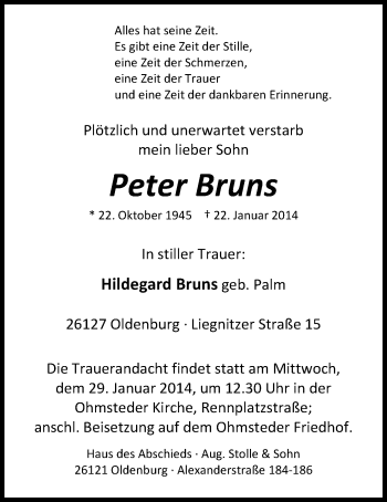Traueranzeige von Peter Bruns von Nordwest-Zeitung