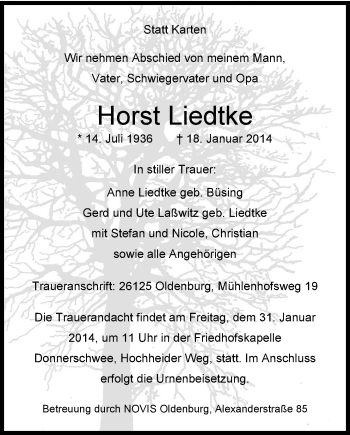 Traueranzeige von Horst Liedtke von Nordwest-Zeitung