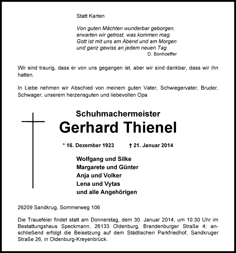  Traueranzeige für Gerhard Thienel vom 25.01.2014 aus Nordwest-Zeitung