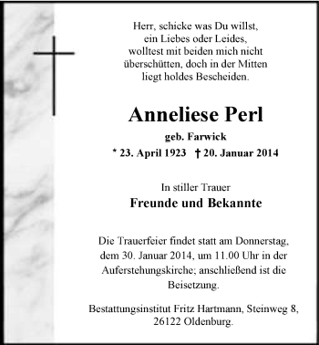 Traueranzeige von Anneliese Perl von Nordwest-Zeitung