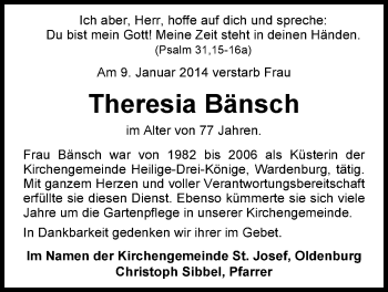 Traueranzeige von Theresia Bänsch von Nordwest-Zeitung