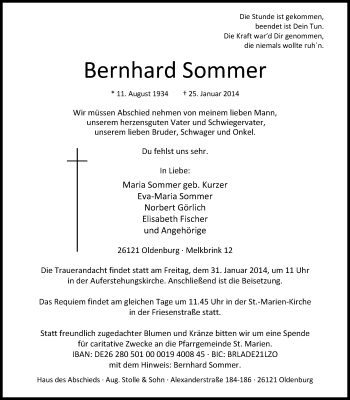 Traueranzeige von Bernhard Sommer von Nordwest-Zeitung