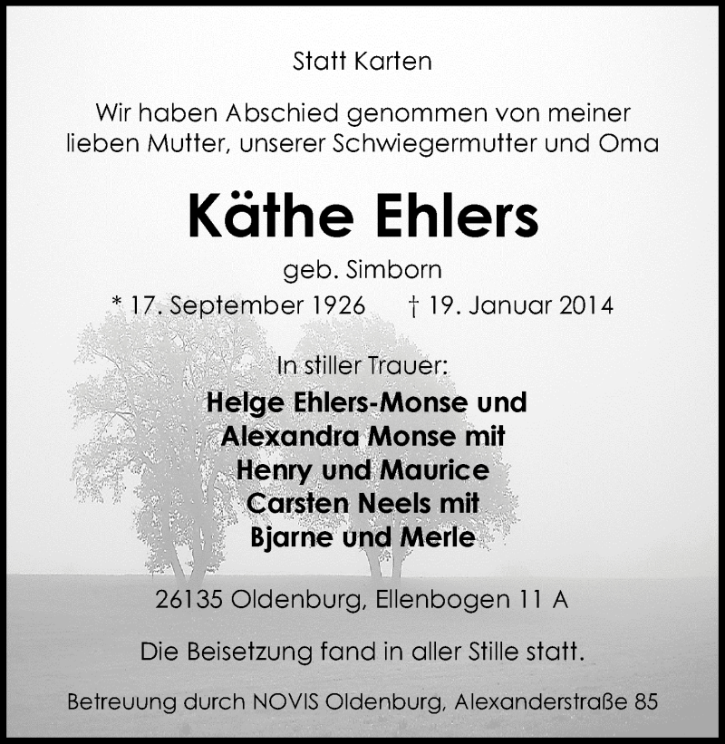  Traueranzeige für Käthe Ehlers vom 01.02.2014 aus Nordwest-Zeitung