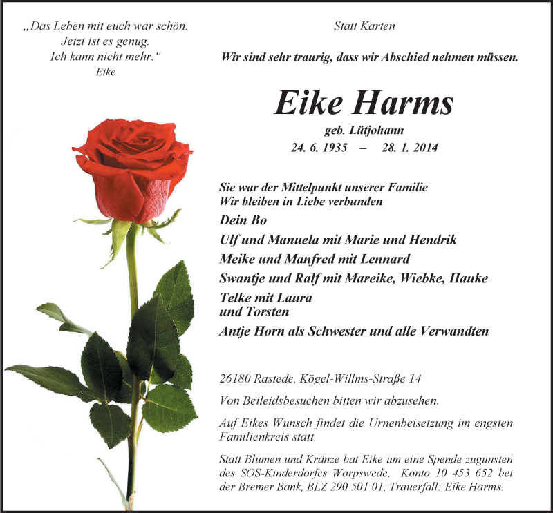  Traueranzeige für Eike Harms vom 29.01.2014 aus Nordwest-Zeitung
