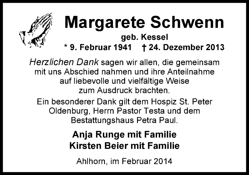  Traueranzeige für Margarete Schwenn vom 01.02.2014 aus Nordwest-Zeitung