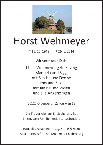 Traueranzeige von Horst Wehmeyer von Nordwest-Zeitung