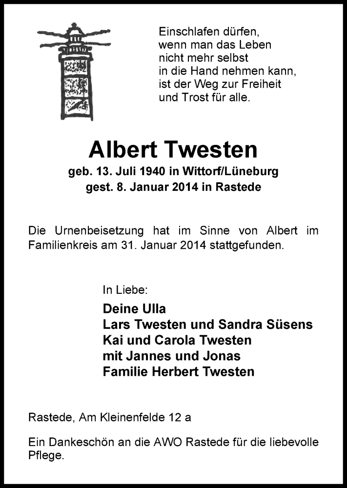  Traueranzeige für Albert Twesten vom 01.02.2014 aus Nordwest-Zeitung