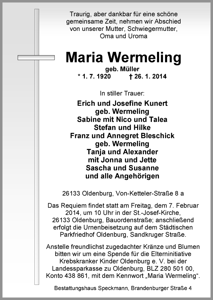  Traueranzeige für Maria Wermeling vom 01.02.2014 aus Nordwest-Zeitung