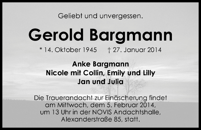  Traueranzeige für Gerold Bargmann vom 01.02.2014 aus Nordwest-Zeitung