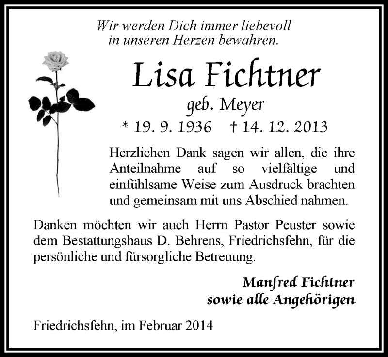  Traueranzeige für Lisa Fichtner vom 01.02.2014 aus Nordwest-Zeitung