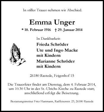 Traueranzeige von Emma Unger von Nordwest-Zeitung