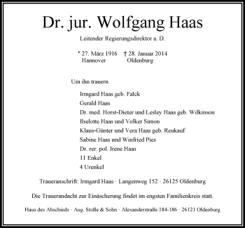 Traueranzeige von Wolfgang Haas von Nordwest-Zeitung