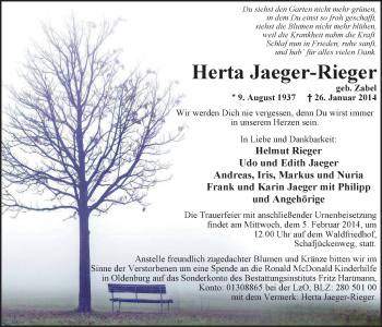 Traueranzeige von Herta Jaeger-Rieger von Nordwest-Zeitung