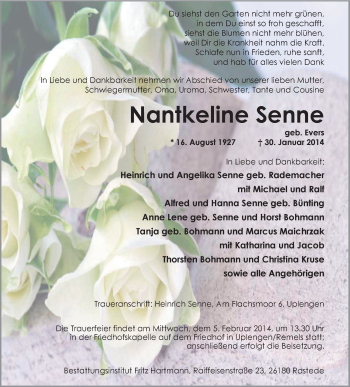 Traueranzeige von Nantkeline Senne von Nordwest-Zeitung