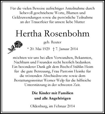 Traueranzeige von Hertha Rosenbohm von Nordwest-Zeitung