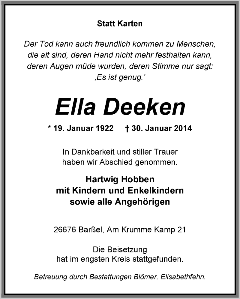  Traueranzeige für Ella Deeken vom 04.02.2014 aus Nordwest-Zeitung