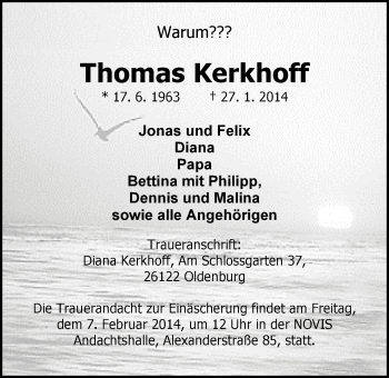 Traueranzeige von Thomas Kerkhoff von Nordwest-Zeitung