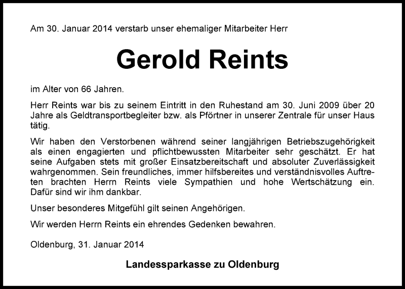  Traueranzeige für Gerold Reints vom 01.02.2014 aus Nordwest-Zeitung