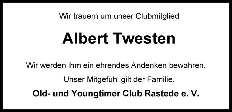  Traueranzeige für Albert Twesten vom 01.02.2014 aus Nordwest-Zeitung
