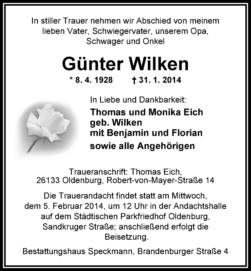  Traueranzeige für Günter Wilken vom 03.02.2014 aus Nordwest-Zeitung