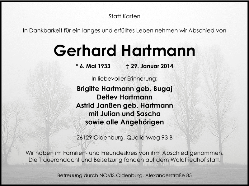  Traueranzeige für Gerhard Hartmann vom 05.02.2014 aus Nordwest-Zeitung