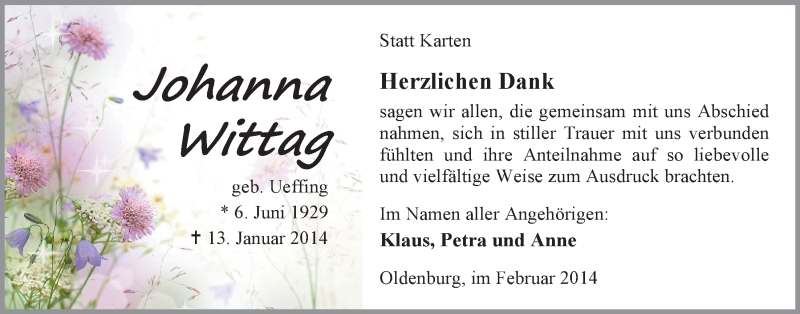  Traueranzeige für Johanna Wittag vom 08.02.2014 aus Nordwest-Zeitung