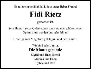 Traueranzeige von Friedhelm Rietz von Nordwest-Zeitung